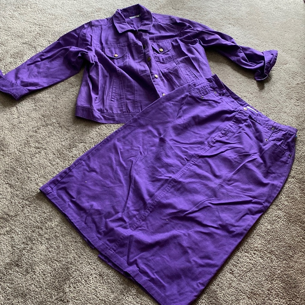 Jessica London Purple Denim Skirt Jacket Set Button Front Midi SIZE 20/12